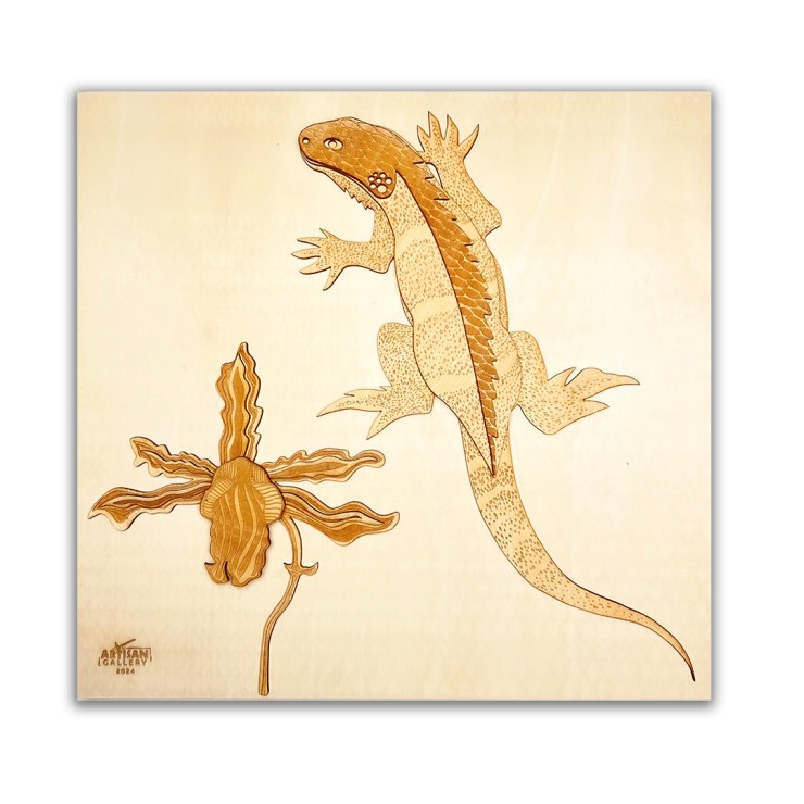 Iguana & Banana Orchid on Square Wood